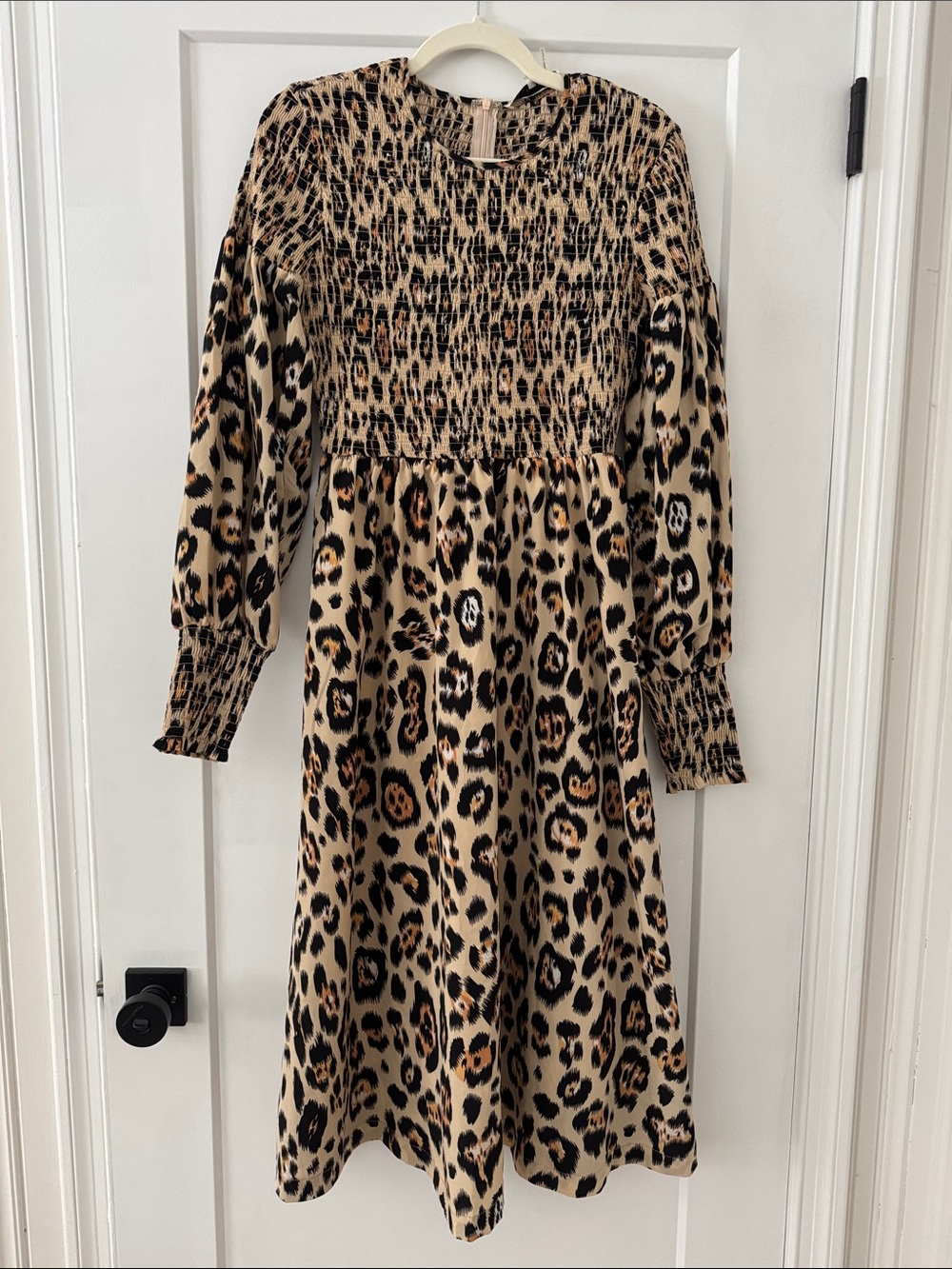 Leopard Print Long Sleeve Smocked Midi Dress - Beige/Tan